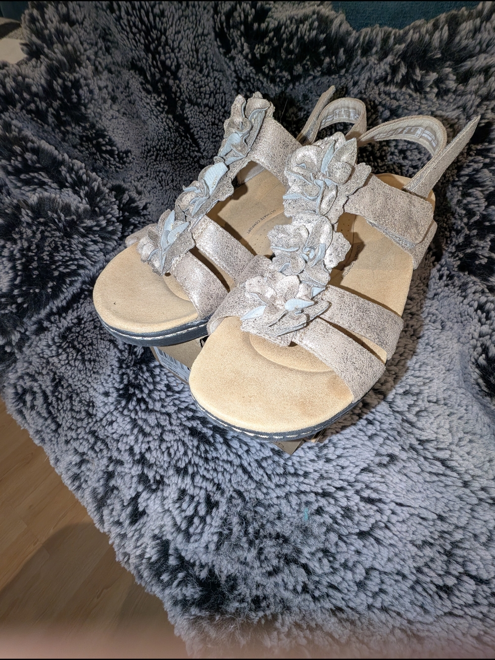 Clarks Women's Silver Floral T-Strap Sandals